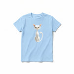 A powder short-sleeve crewneck t-shirt for youth featuring a graphic of a cat on the front.