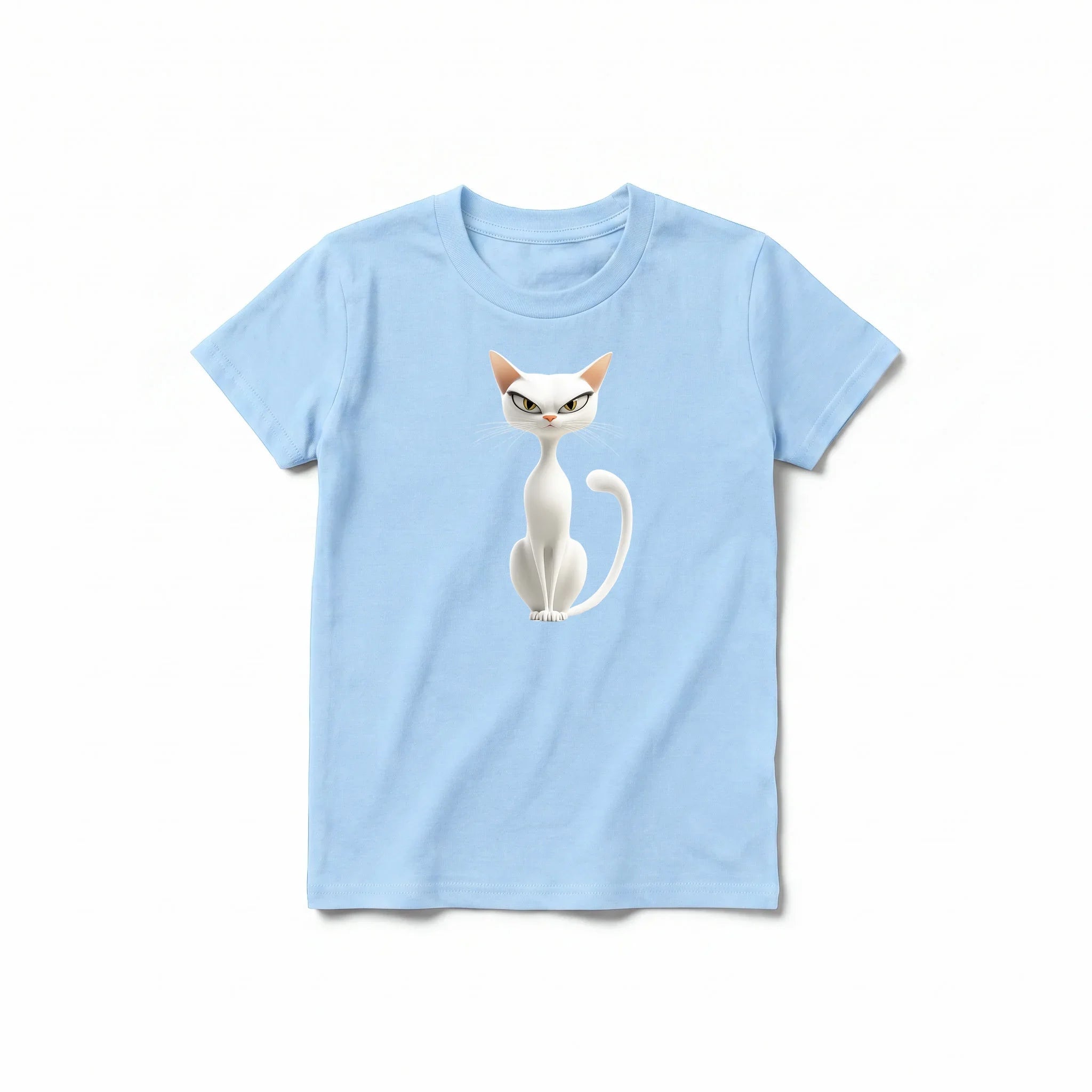 A powder short-sleeve crewneck t-shirt for youth featuring a graphic of a cat on the front.