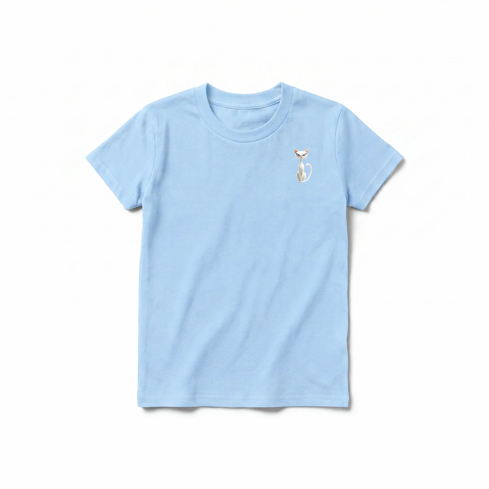 A powder short-sleeve crewneck t-shirt for youth featuring a graphic of a cat on the left chest.