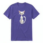 A purple short-sleeve crewneck t-shirt for adult featuring a graphic of a cat on the front.