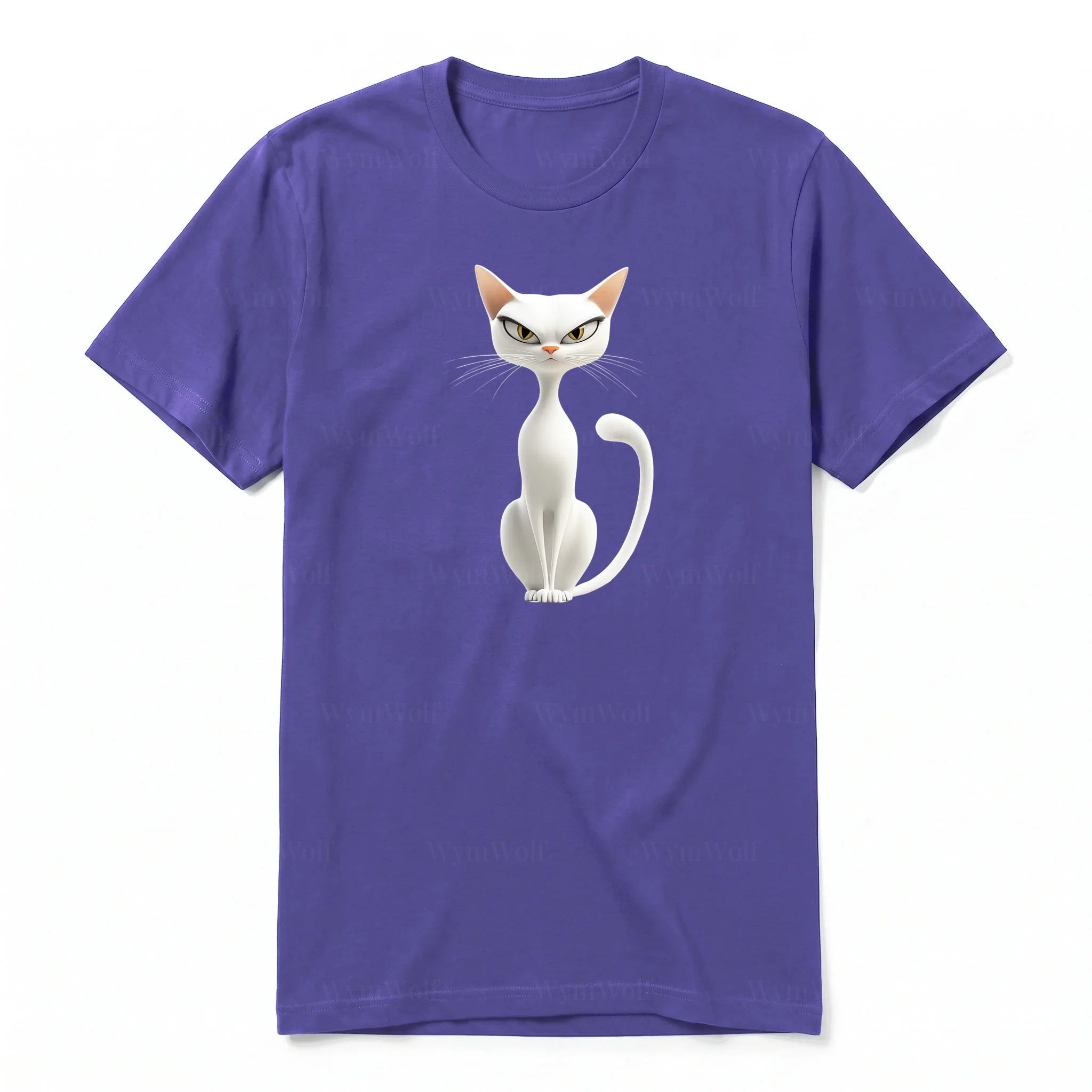 A purple short-sleeve crewneck t-shirt for adult featuring a graphic of a cat on the front.