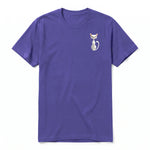 A purple short-sleeve crewneck t-shirt for adult featuring a graphic of a cat on the left chest.