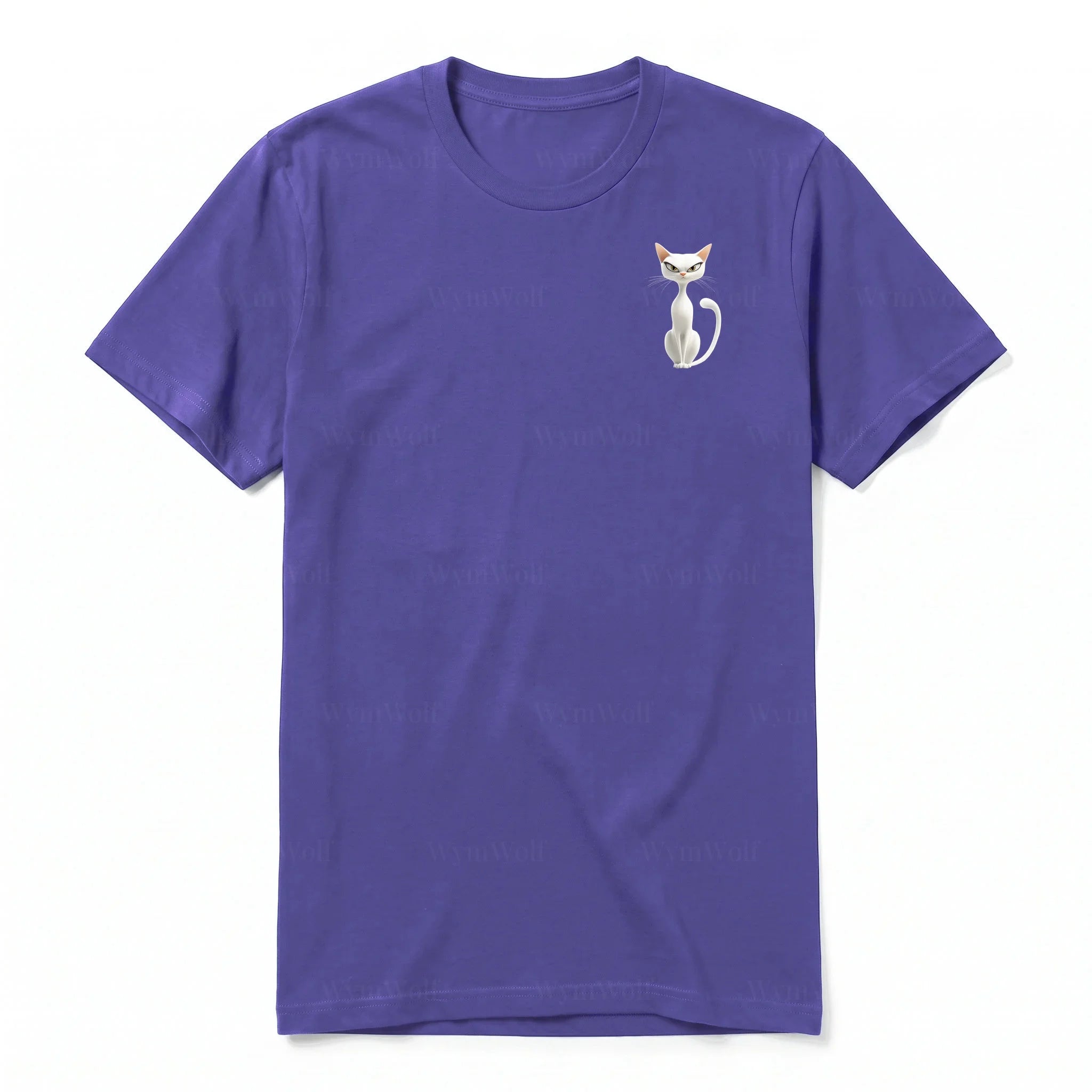A purple short-sleeve crewneck t-shirt for adult featuring a graphic of a cat on the left chest.