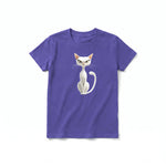 A purple short-sleeve crewneck t-shirt for youth featuring a graphic of a cat on the front.
