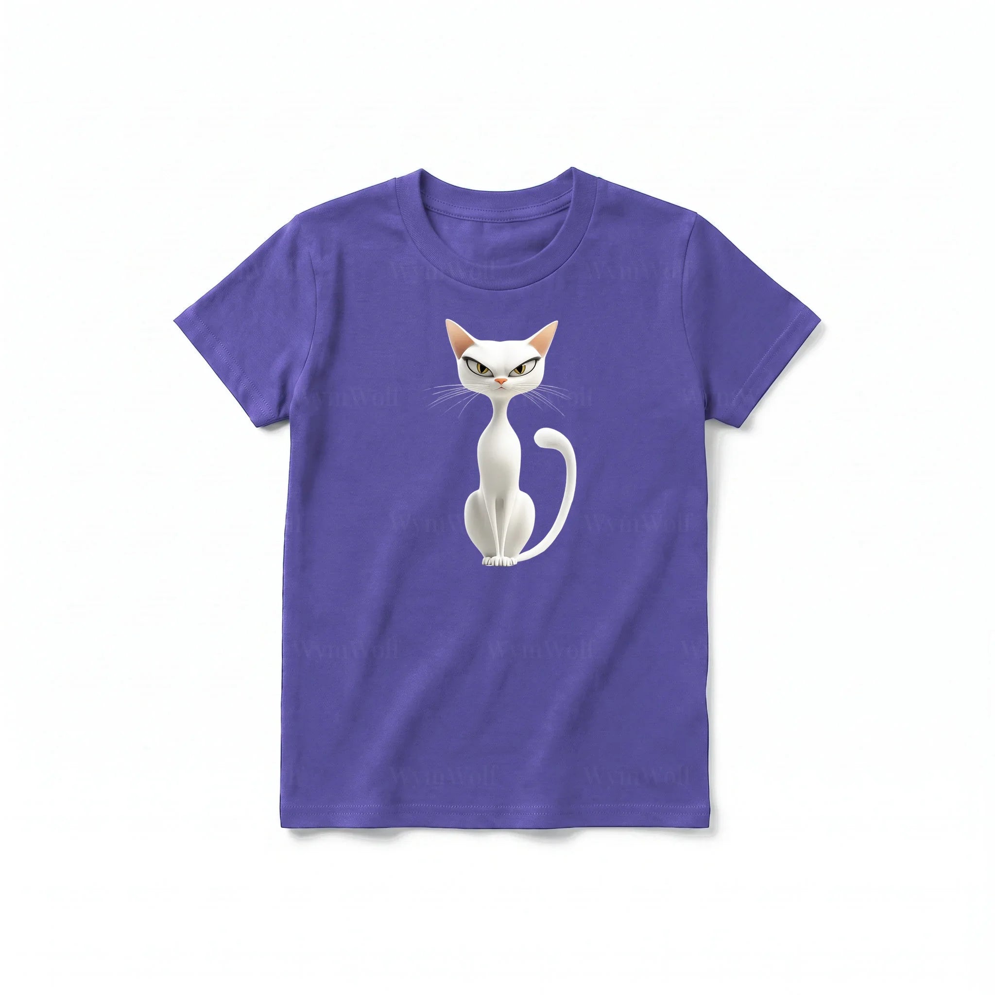 A purple short-sleeve crewneck t-shirt for youth featuring a graphic of a cat on the front.