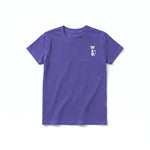 A purple short-sleeve crewneck t-shirt for youth featuring a graphic of a cat on the left chest.