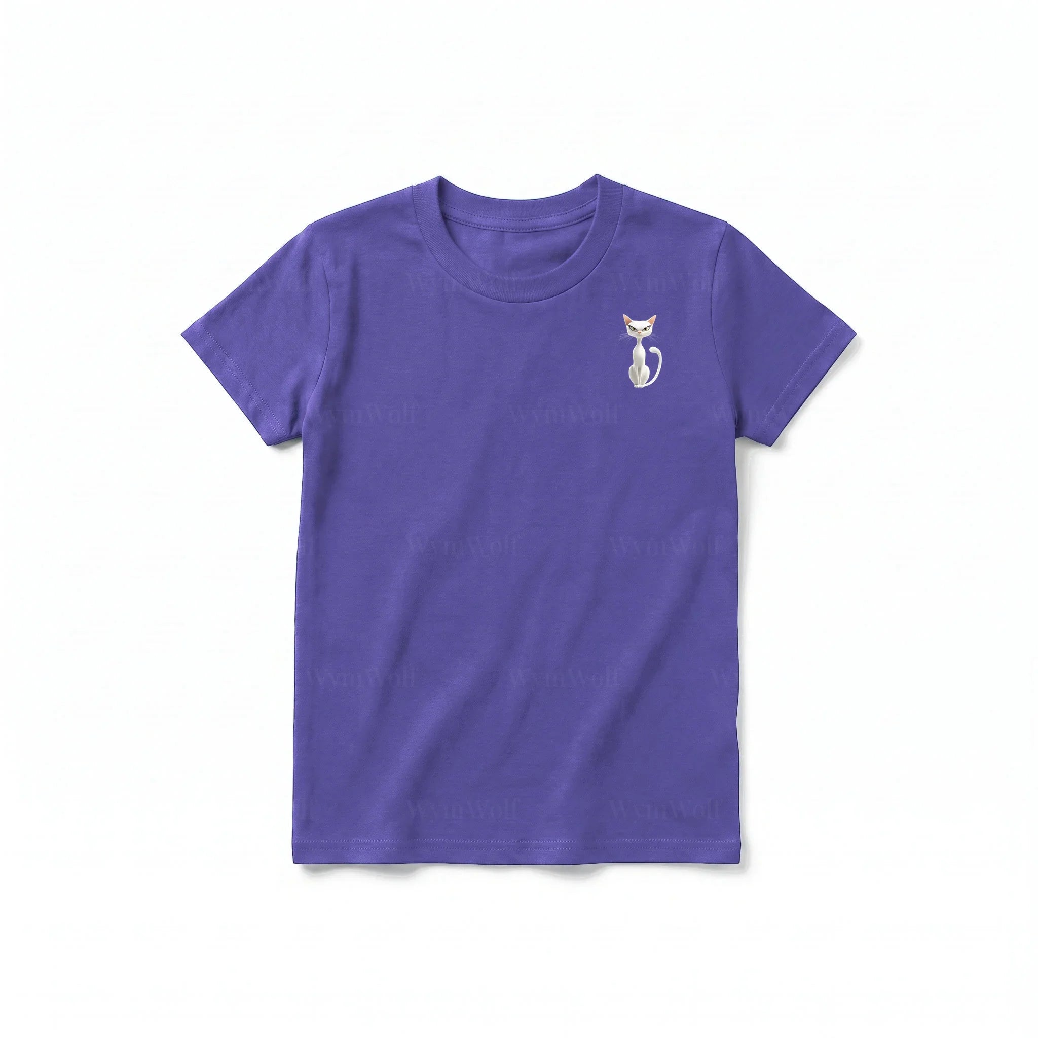 A purple short-sleeve crewneck t-shirt for youth featuring a graphic of a cat on the left chest.