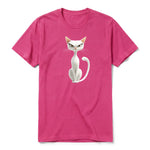 A raspberry short-sleeve crewneck t-shirt for adult featuring a graphic of a cat on the front.