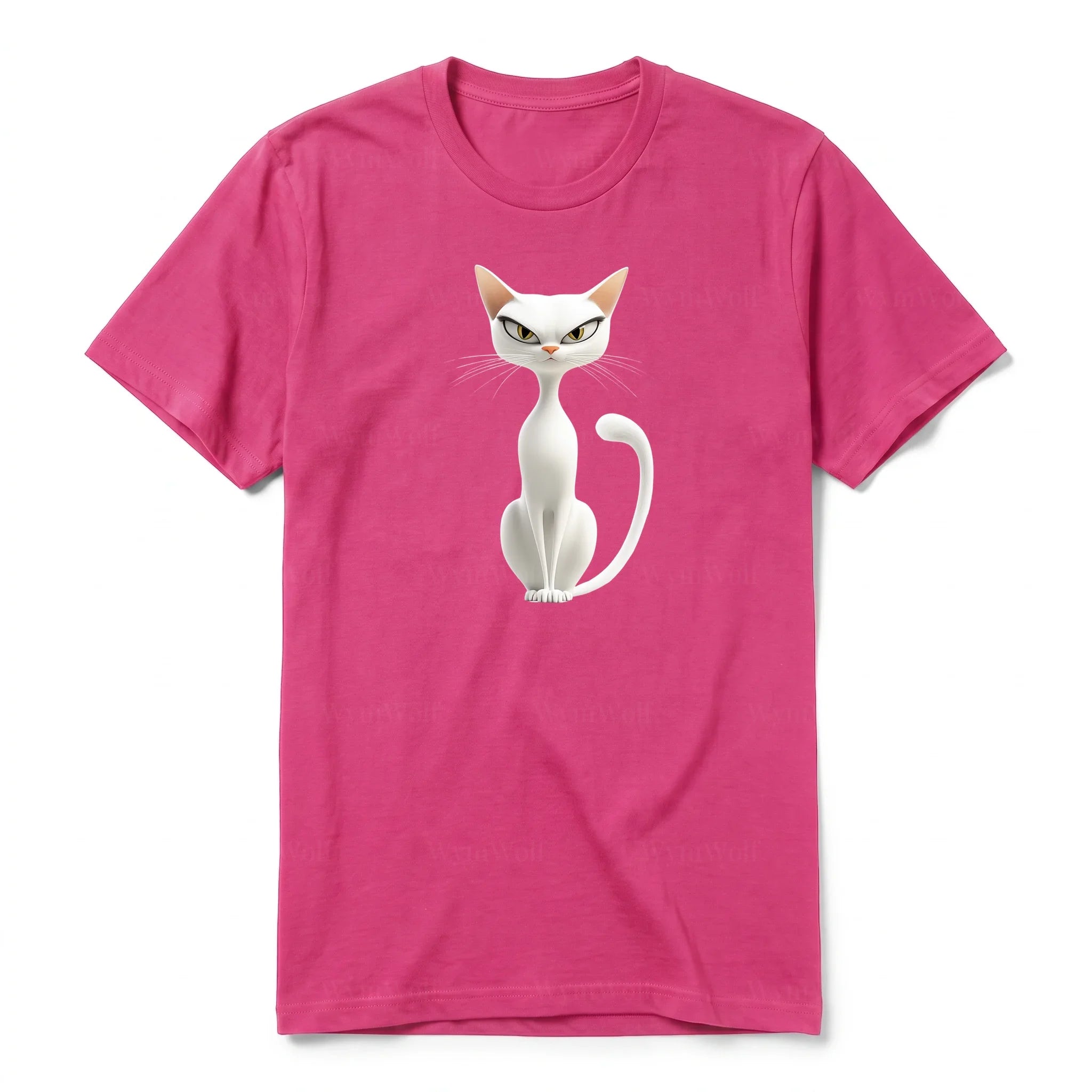 A raspberry short-sleeve crewneck t-shirt for adult featuring a graphic of a cat on the front.