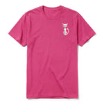 A raspberry short-sleeve crewneck t-shirt for adult featuring a graphic of a cat on the left chest.