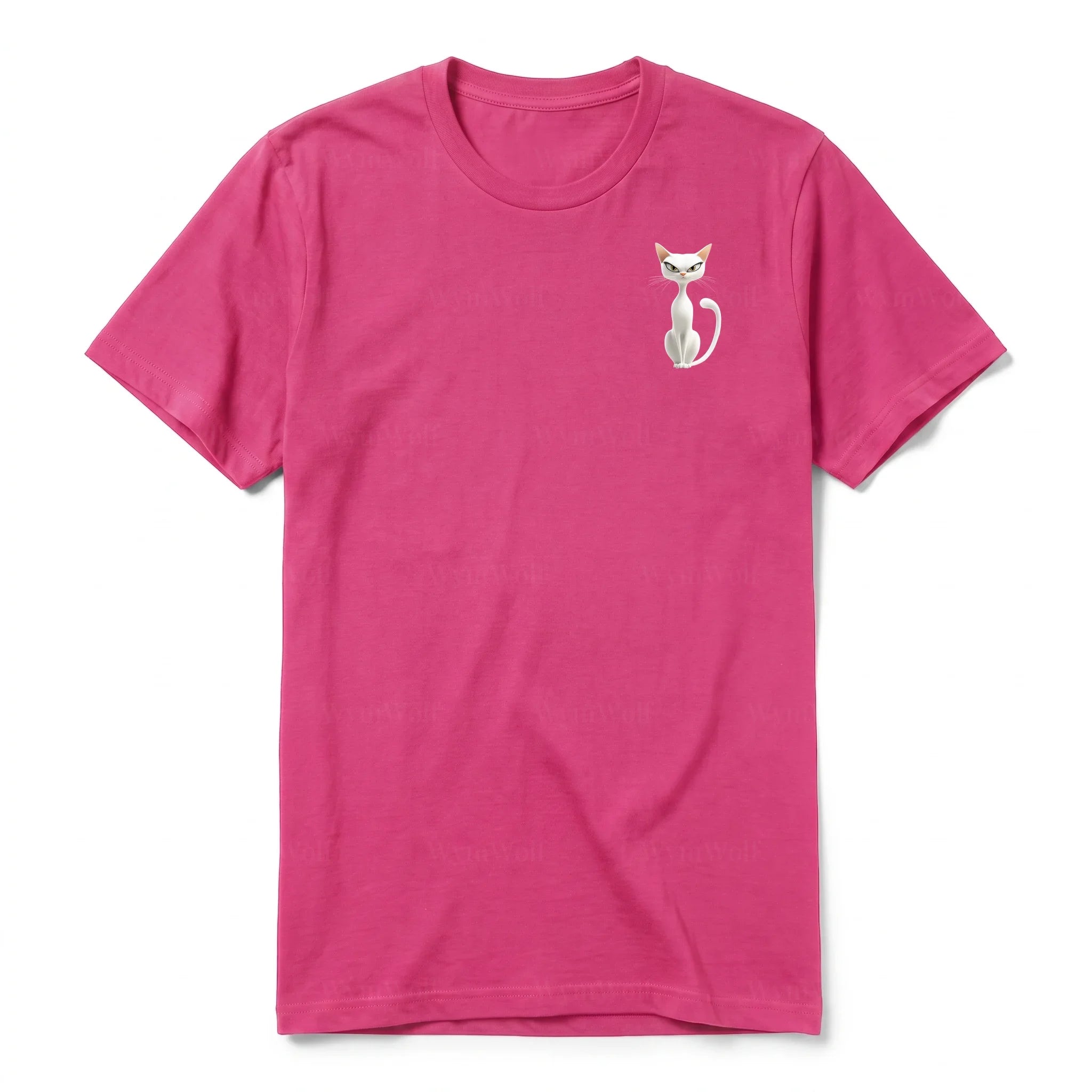 A raspberry short-sleeve crewneck t-shirt for adult featuring a graphic of a cat on the left chest.