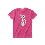 A raspberry short-sleeve crewneck t-shirt for youth featuring a graphic of a cat on the front.