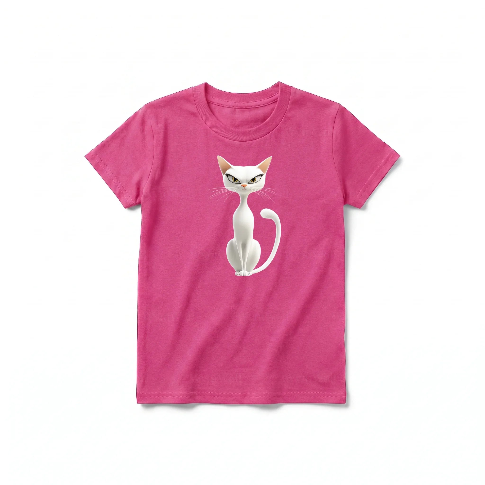 A raspberry short-sleeve crewneck t-shirt for youth featuring a graphic of a cat on the front.