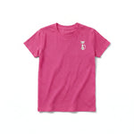 A raspberry short-sleeve crewneck t-shirt for youth featuring a graphic of a cat on the left chest.