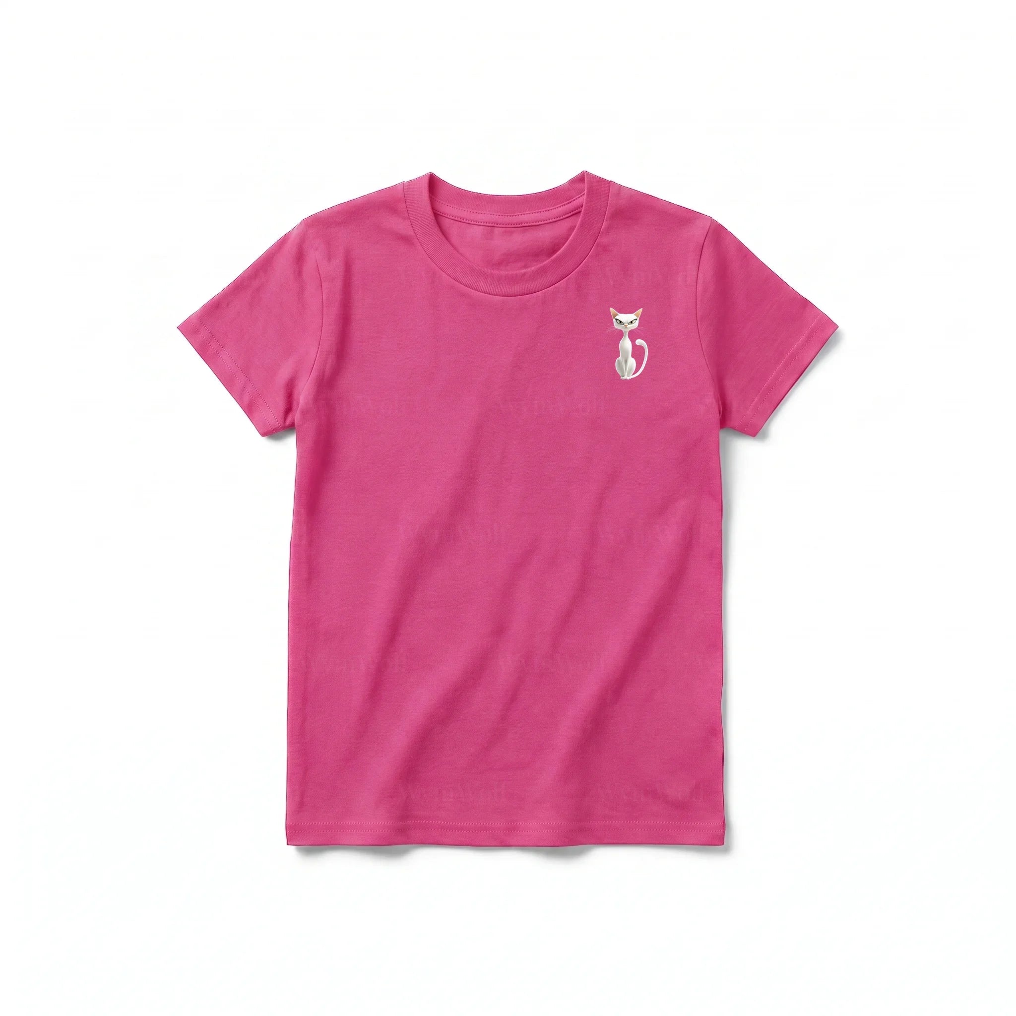 A raspberry short-sleeve crewneck t-shirt for youth featuring a graphic of a cat on the left chest.