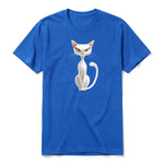 A royal short-sleeve crewneck t-shirt for adult featuring a graphic of a cat on the front.