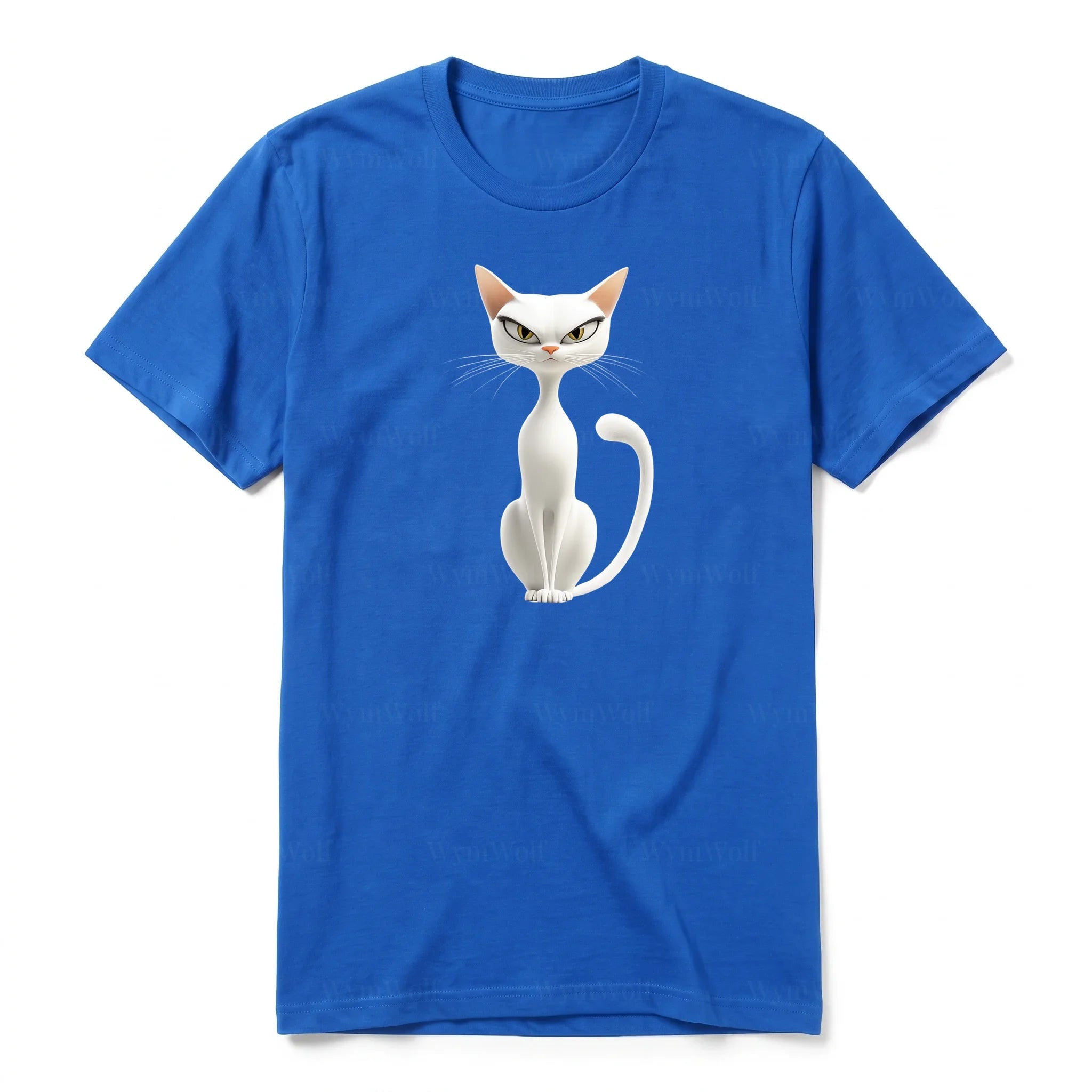 A royal short-sleeve crewneck t-shirt for adult featuring a graphic of a cat on the front.