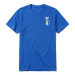 A royal short-sleeve crewneck t-shirt for adult featuring a graphic of a cat on the left chest.