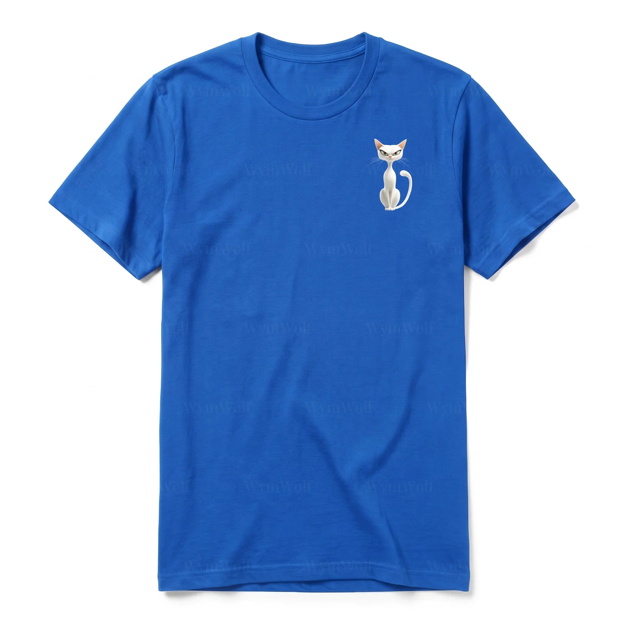 A royal short-sleeve crewneck t-shirt for adult featuring a graphic of a cat on the left chest.
