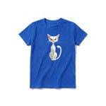A royal short-sleeve crewneck t-shirt for youth featuring a graphic of a cat on the front.