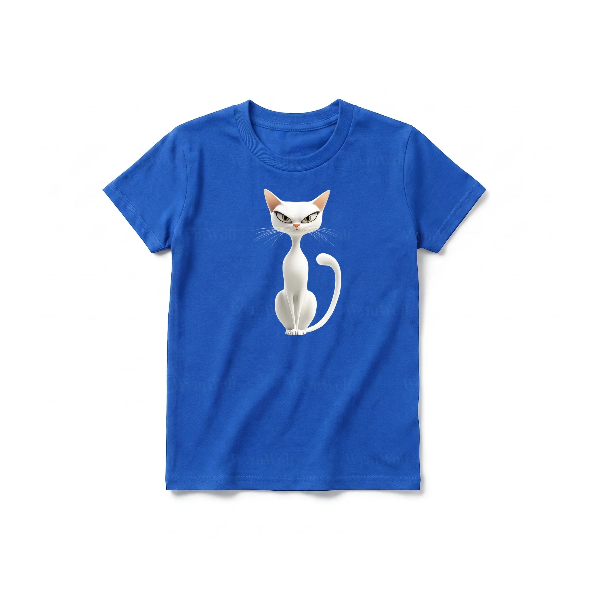 A royal short-sleeve crewneck t-shirt for youth featuring a graphic of a cat on the front.