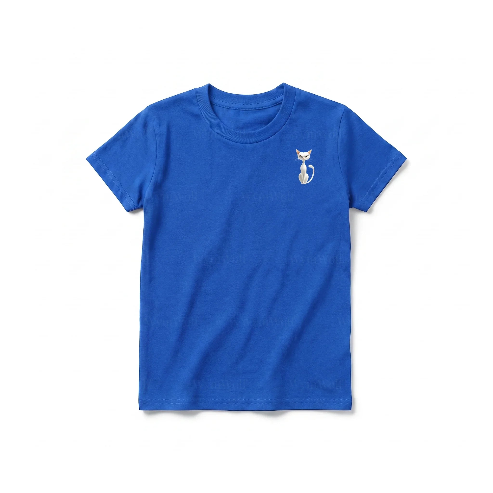 A royal short-sleeve crewneck t-shirt for youth featuring a graphic of a cat on the left chest.