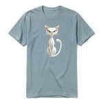 A sage short-sleeve crewneck t-shirt for adult featuring a graphic of a cat on the front.