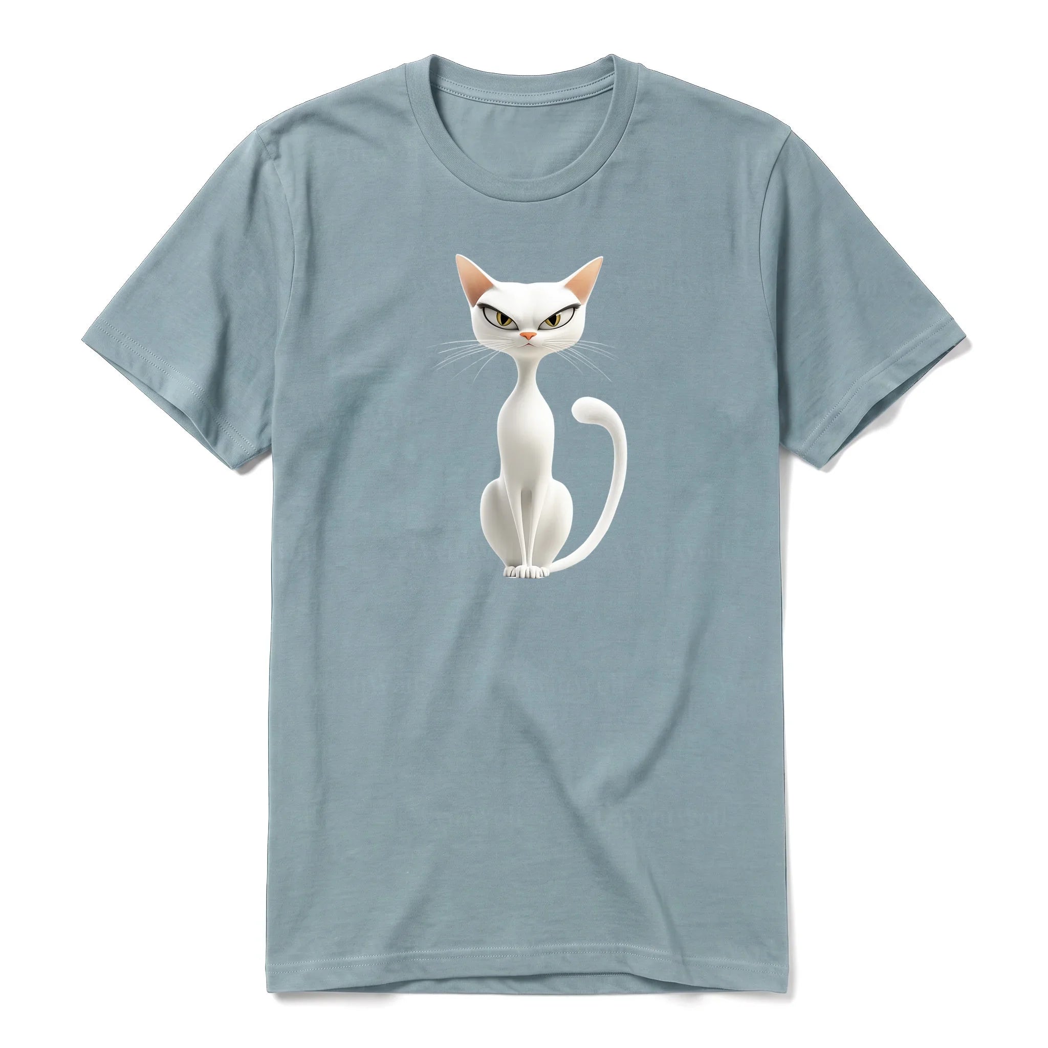 A sage short-sleeve crewneck t-shirt for adult featuring a graphic of a cat on the front.