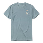 A sage short-sleeve crewneck t-shirt for adult featuring a graphic of a cat on the left chest.