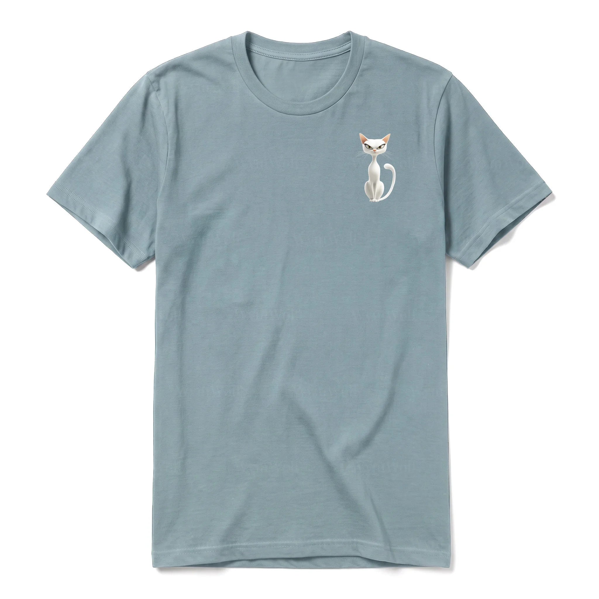 A sage short-sleeve crewneck t-shirt for adult featuring a graphic of a cat on the left chest.