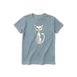 A sage short-sleeve crewneck t-shirt for youth featuring a graphic of a cat on the front.