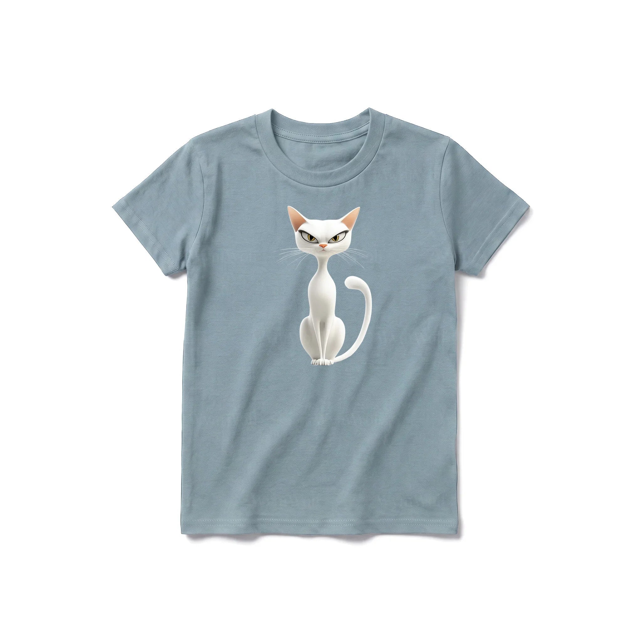 A sage short-sleeve crewneck t-shirt for youth featuring a graphic of a cat on the front.