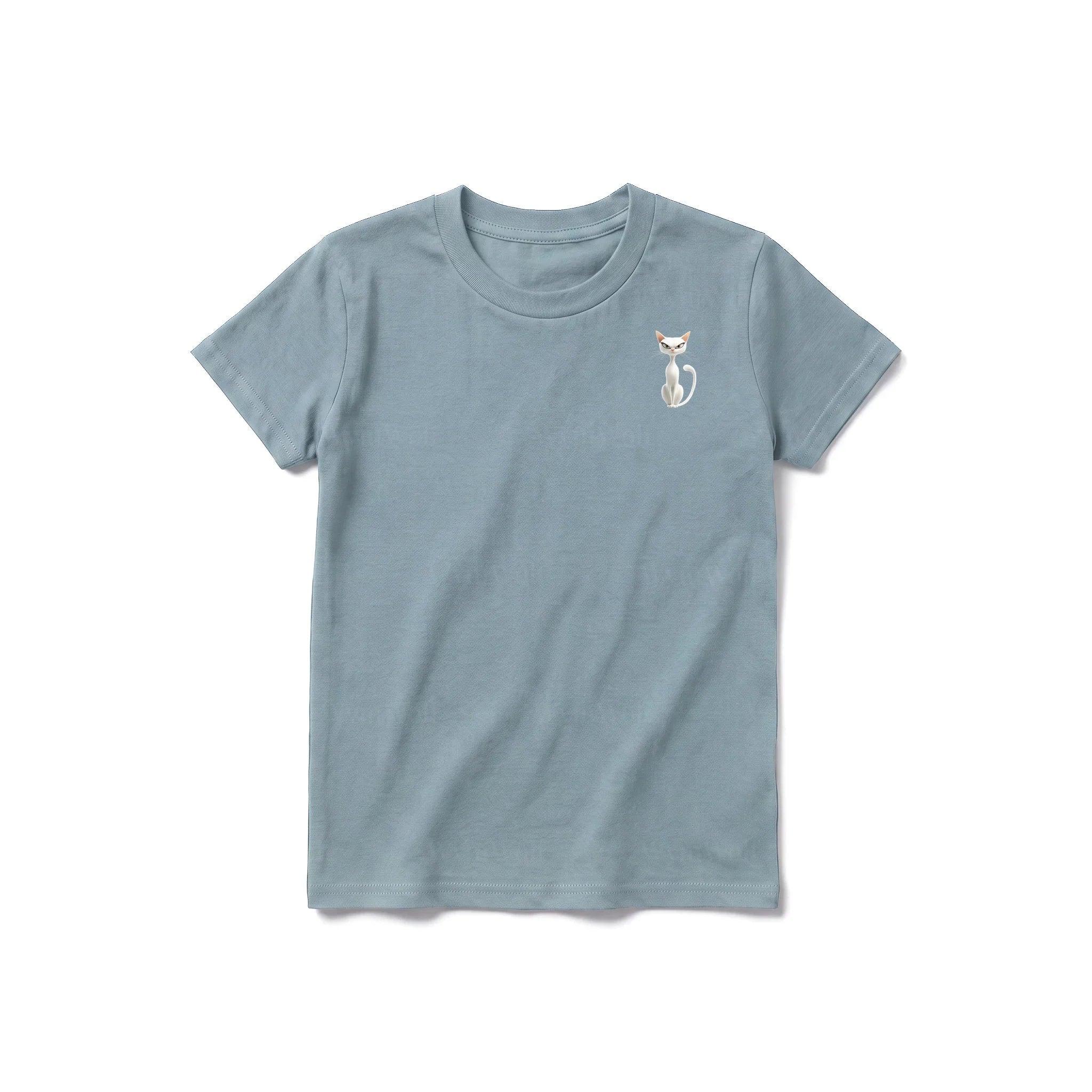 A sage short-sleeve crewneck t-shirt for youth featuring a graphic of a cat on the left chest.