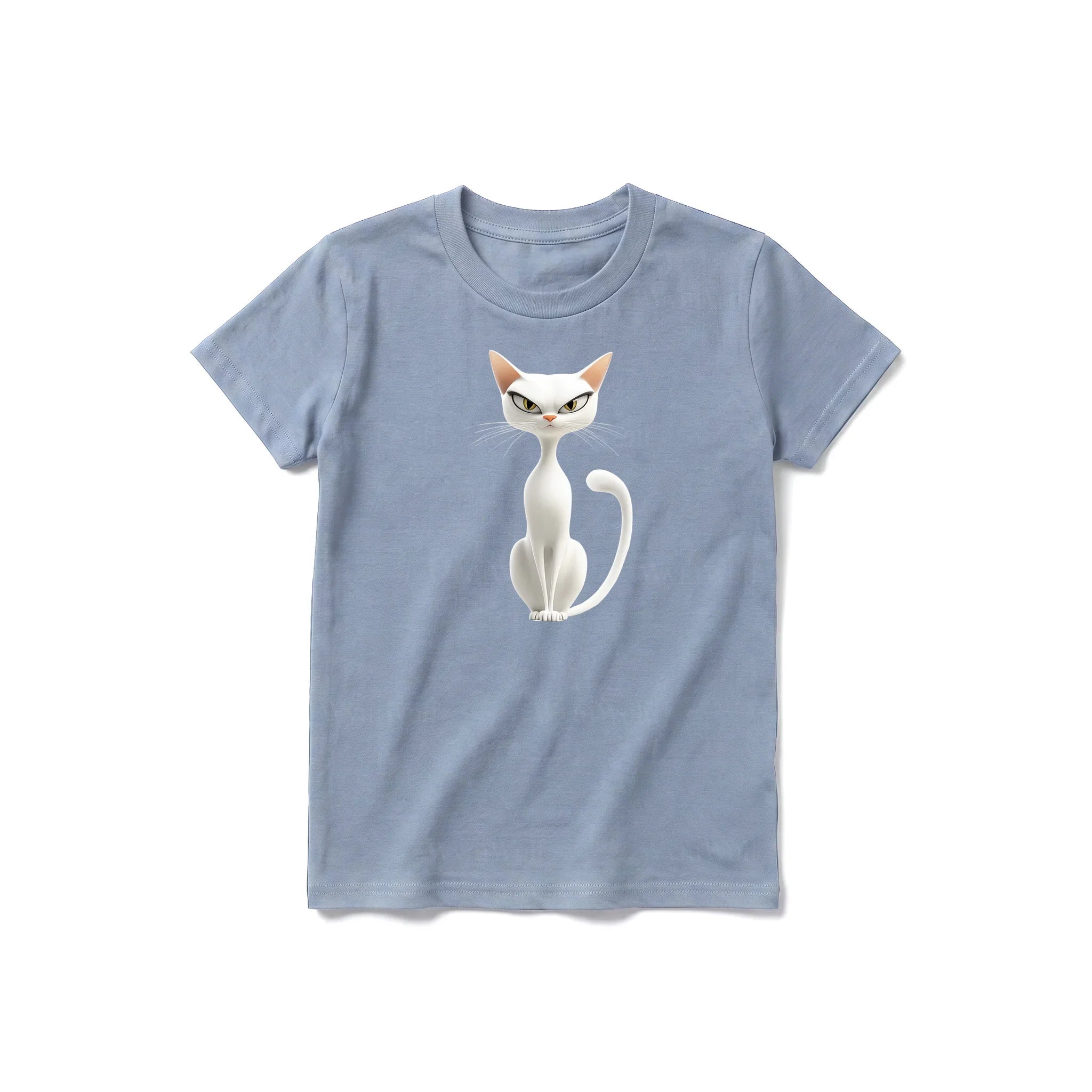 A steel-blue short-sleeve crewneck t-shirt for youth featuring a graphic of a cat on the front.
