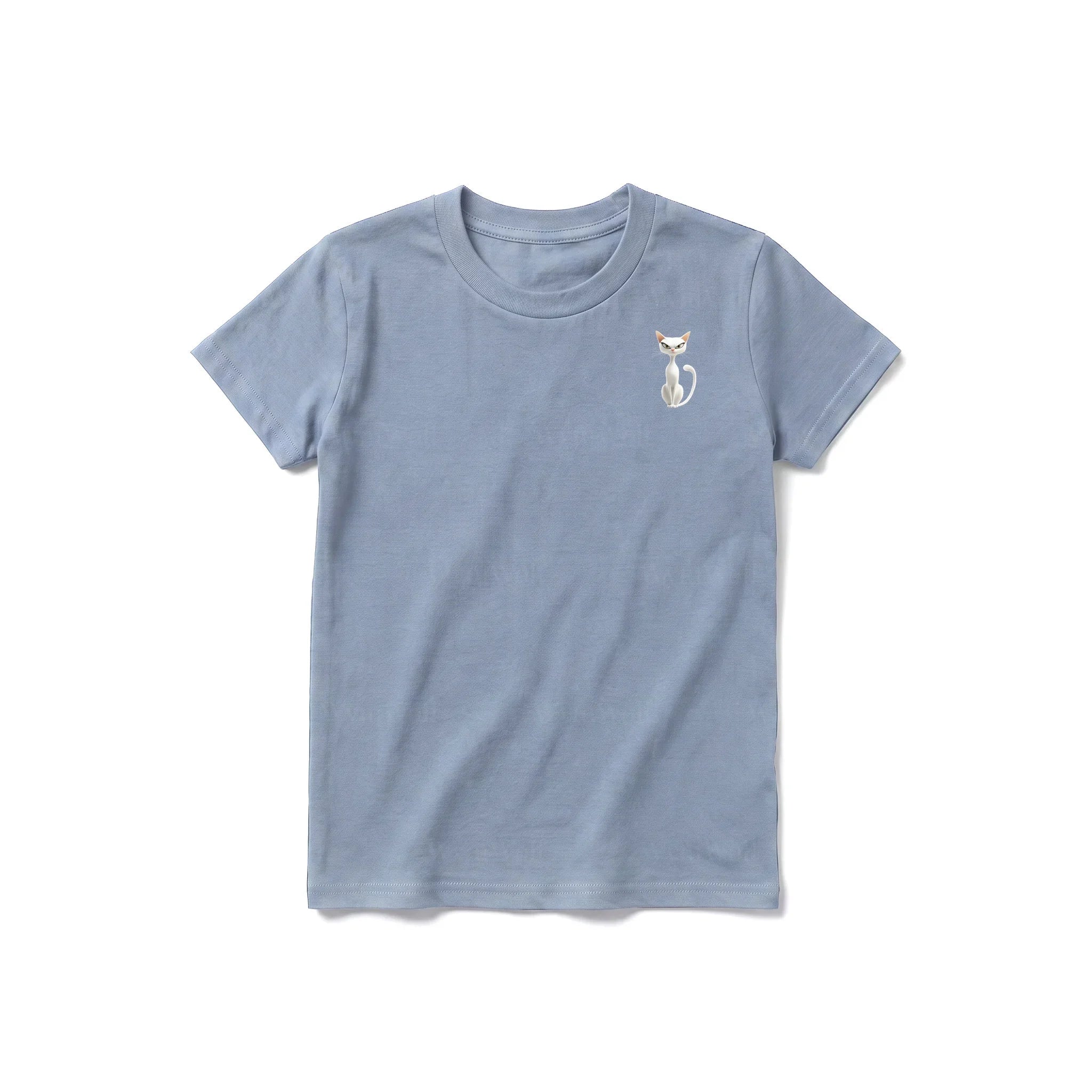 A steel-blue short-sleeve crewneck t-shirt for youth featuring a graphic of a cat on the left chest.