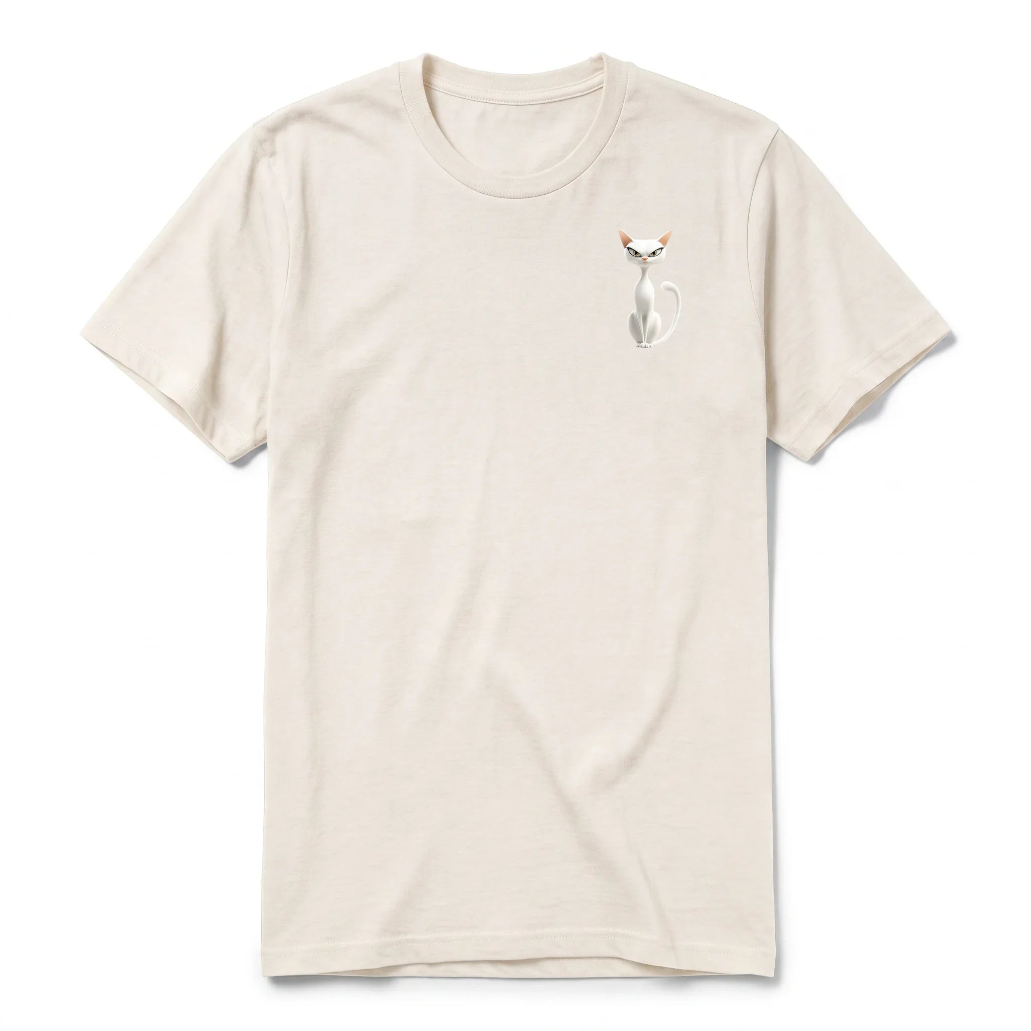 A vintage-white short-sleeve crewneck t-shirt for adult featuring a graphic of a cat on the left chest.