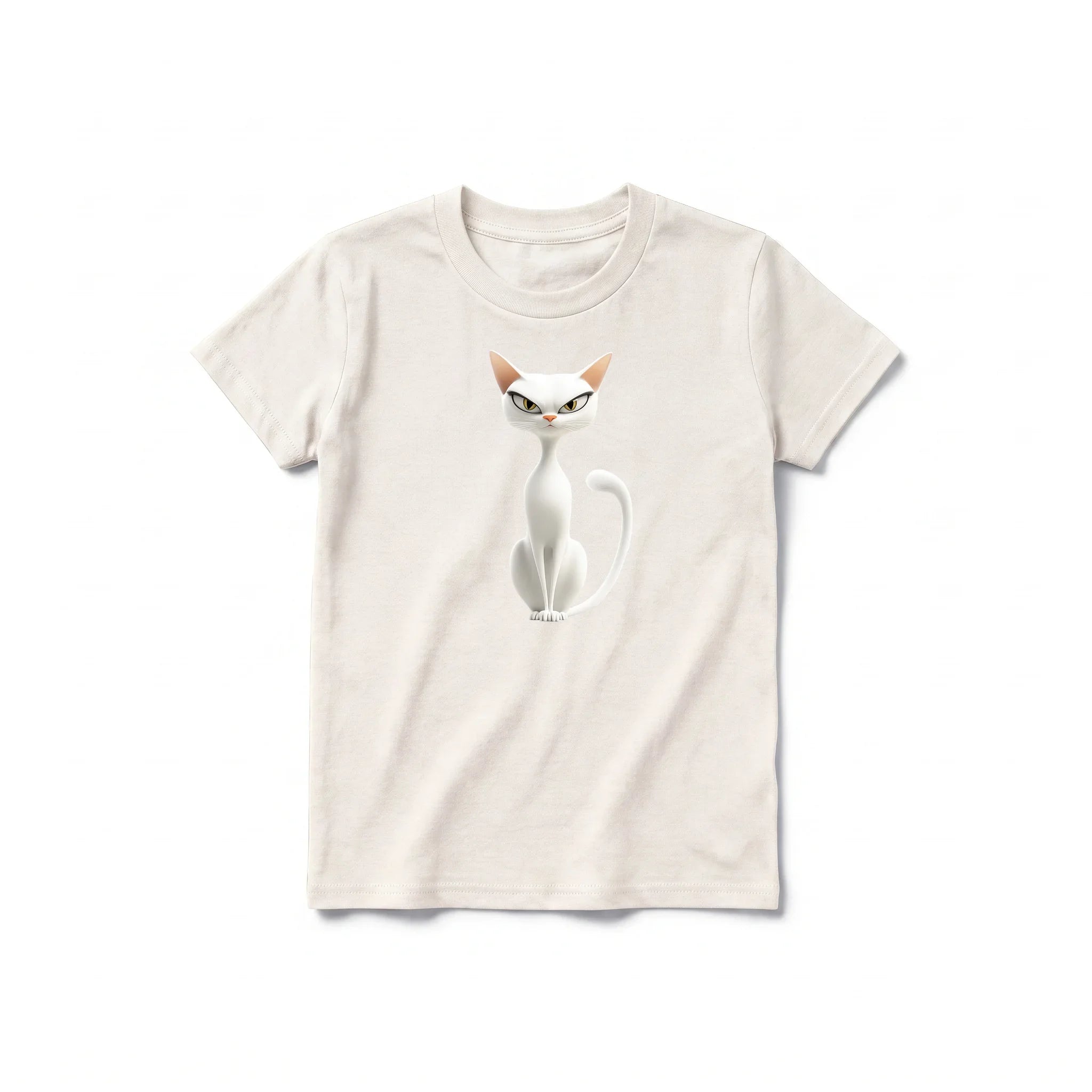 A vintage-white short-sleeve crewneck t-shirt for youth featuring a graphic of a cat on the front.