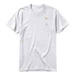 A ash grey short-sleeve crewneck t-shirt for adult featuring a graphic of a cat on the left chest.