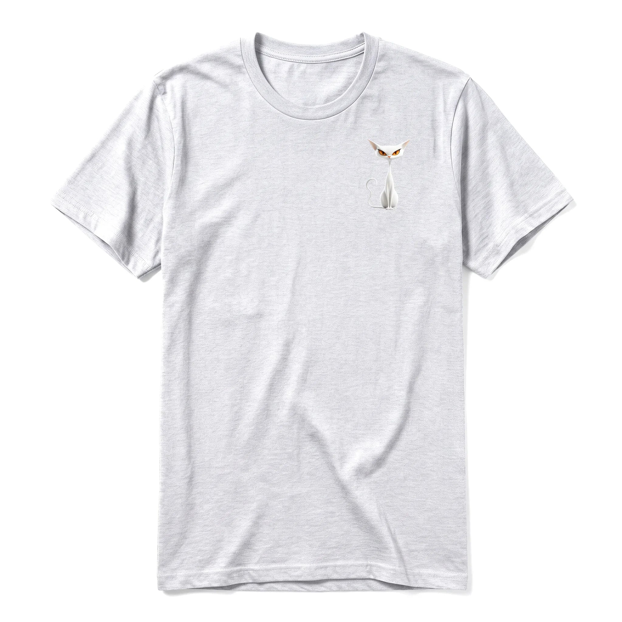 A ash grey short-sleeve crewneck t-shirt for adult featuring a graphic of a cat on the left chest.