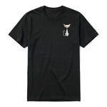 A black short-sleeve crewneck t-shirt for adult featuring a graphic of a cat on the left chest.