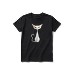 A black short-sleeve crewneck t-shirt for youth featuring a graphic of a cat on the front.