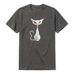 A charcoal short-sleeve crewneck t-shirt for adult featuring a graphic of a cat on the front.