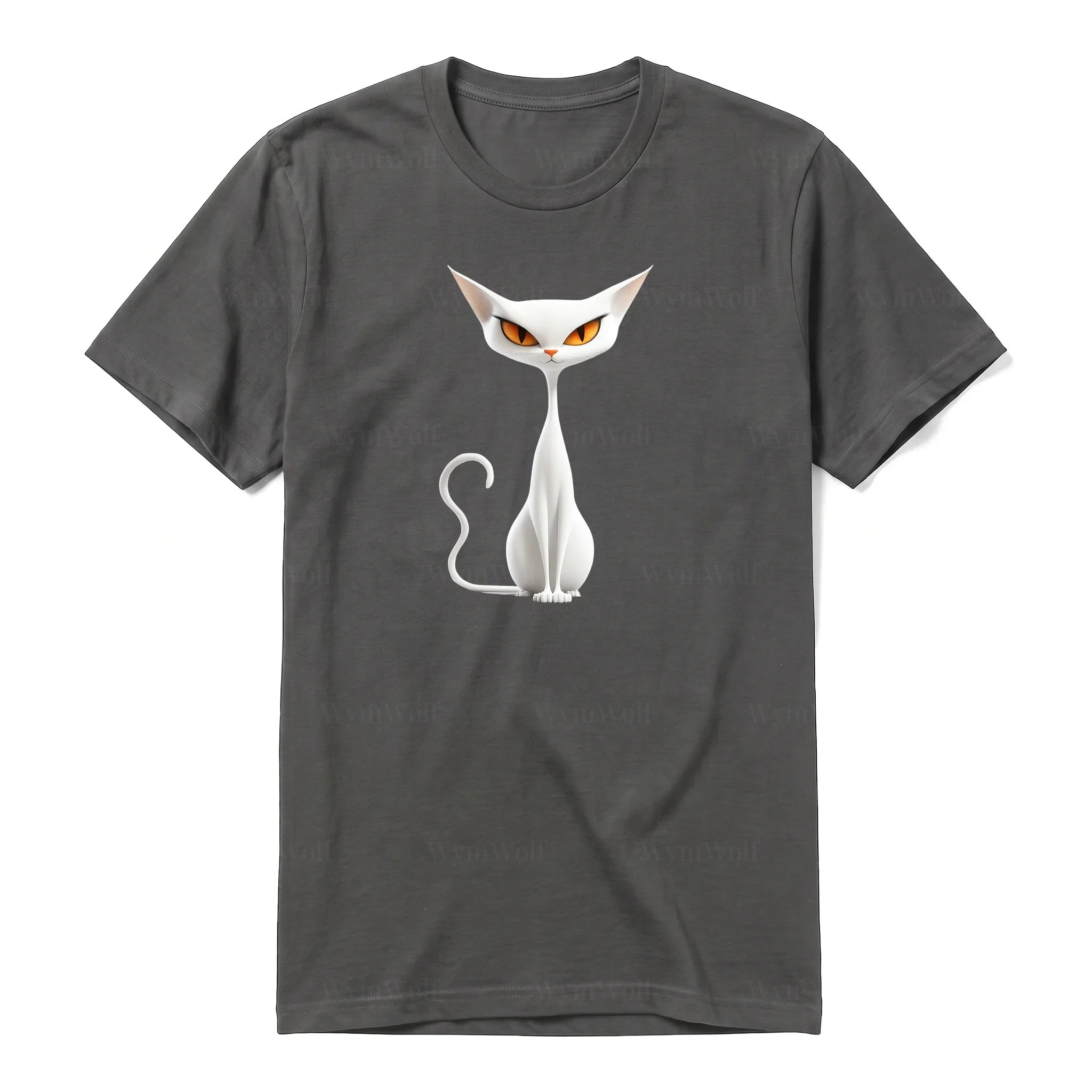 A charcoal short-sleeve crewneck t-shirt for adult featuring a graphic of a cat on the front.