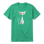 A kelly short-sleeve crewneck t-shirt for adult featuring a graphic of a cat on the front.