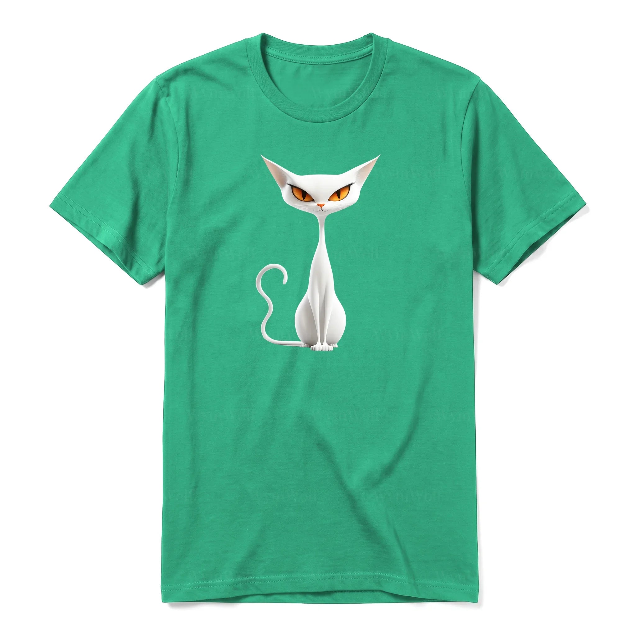 A kelly short-sleeve crewneck t-shirt for adult featuring a graphic of a cat on the front.