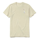 A latte short-sleeve crewneck t-shirt for adult featuring a graphic of a cat on the left chest.