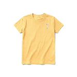 A mustard short-sleeve crewneck t-shirt for youth featuring a graphic of a cat on the left chest.