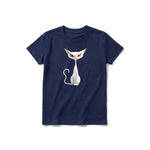 A navy short-sleeve crewneck t-shirt for youth featuring a graphic of a cat on the front.
