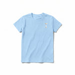A powder short-sleeve crewneck t-shirt for youth featuring a graphic of a cat on the left chest.