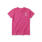 A raspberry short-sleeve crewneck t-shirt for youth featuring a graphic of a cat on the left chest.